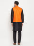 Vastramay Men's Orange Matka Silk Nehru Jacket With Black Silk Blend Kurta and Pant style Pyjama Set